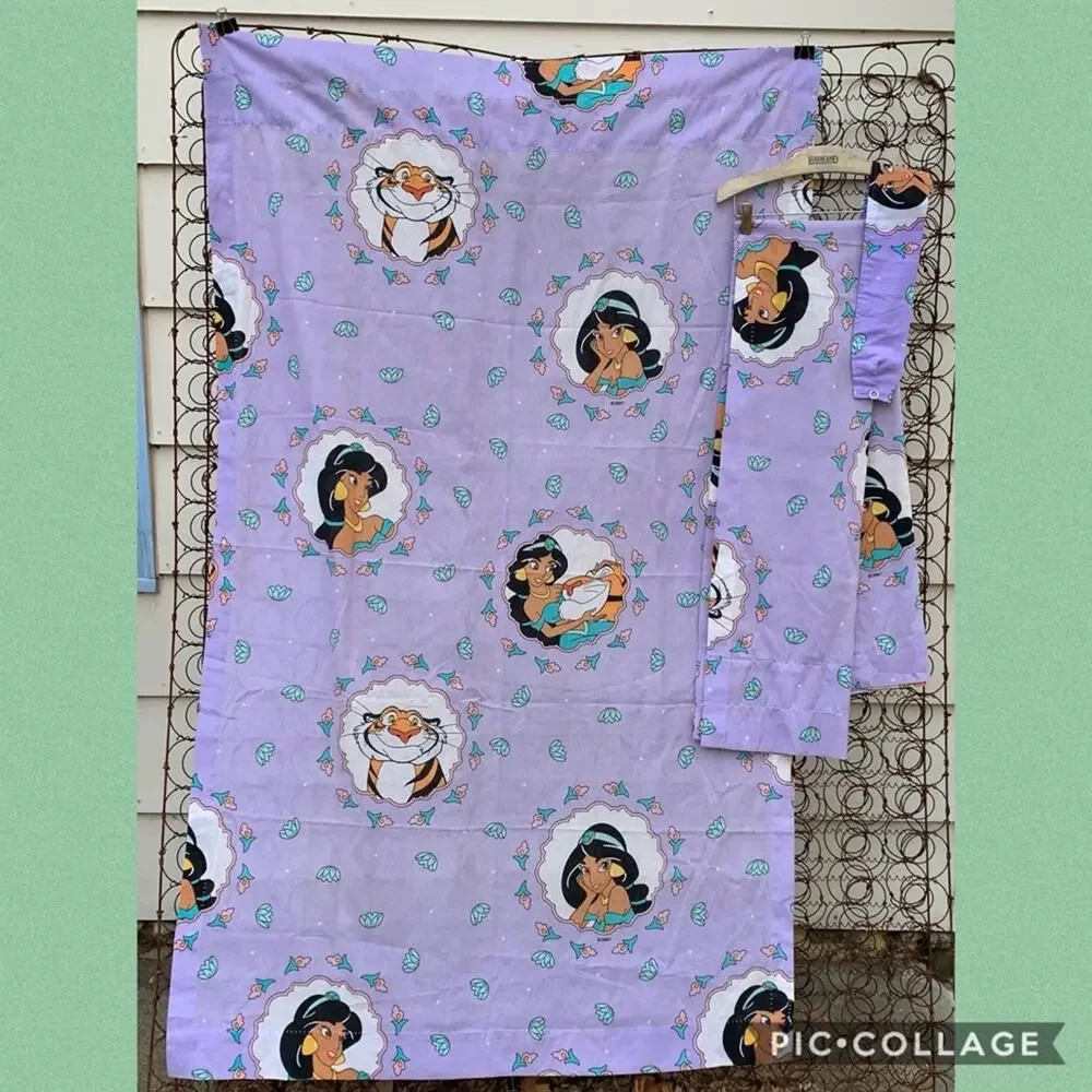 Vintage 90s Disney’s Aladdin Jasmine curtain set two panels one tie sash 39x66